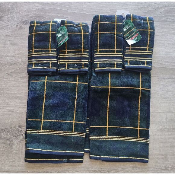 2 VTG Kmart Trim A Home Towel Sets NOS Blue/ Green Plaid With Reindeer Christmas - Picture 1 of 8
